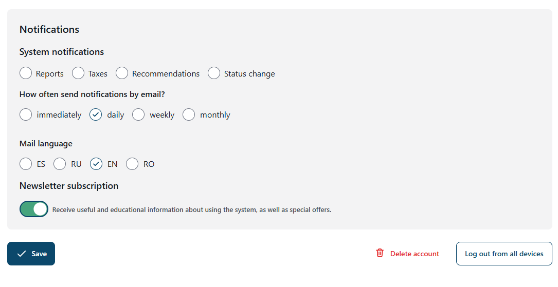 Settings for notifications from the system