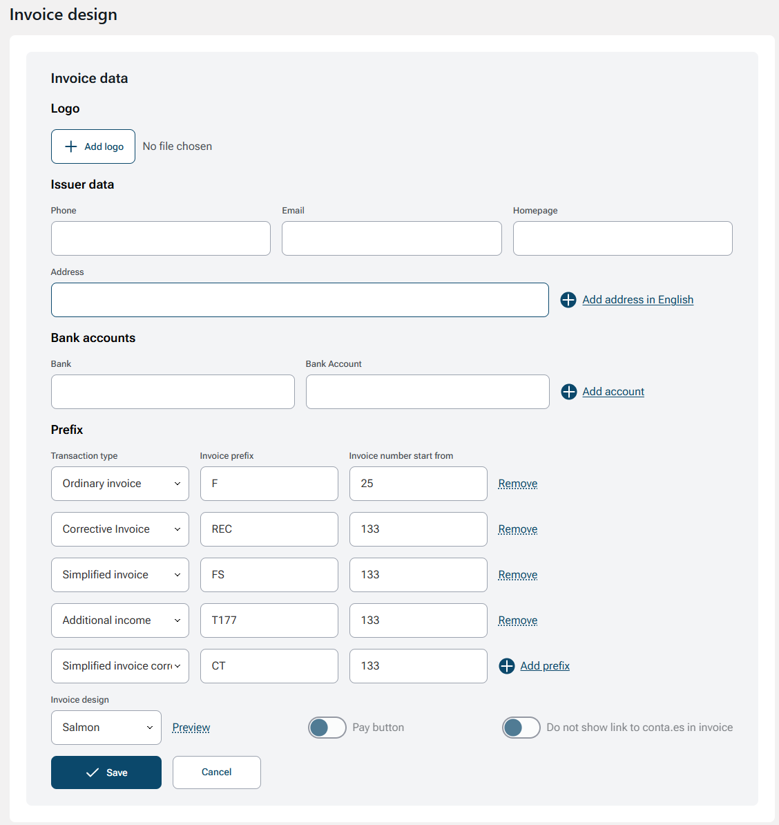 Invoice data setup