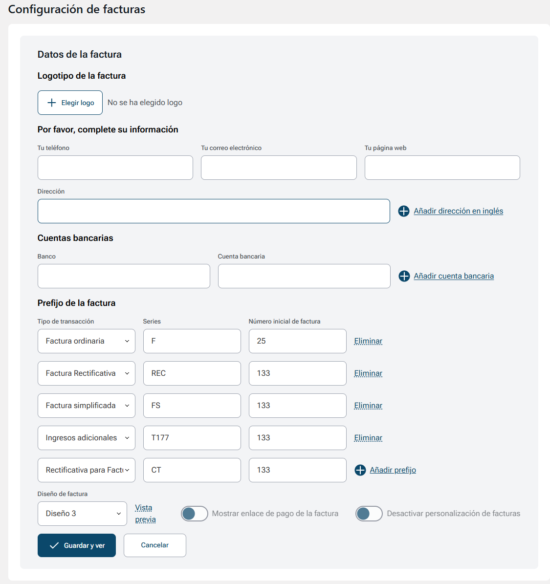 Configuración de datos para la facturación