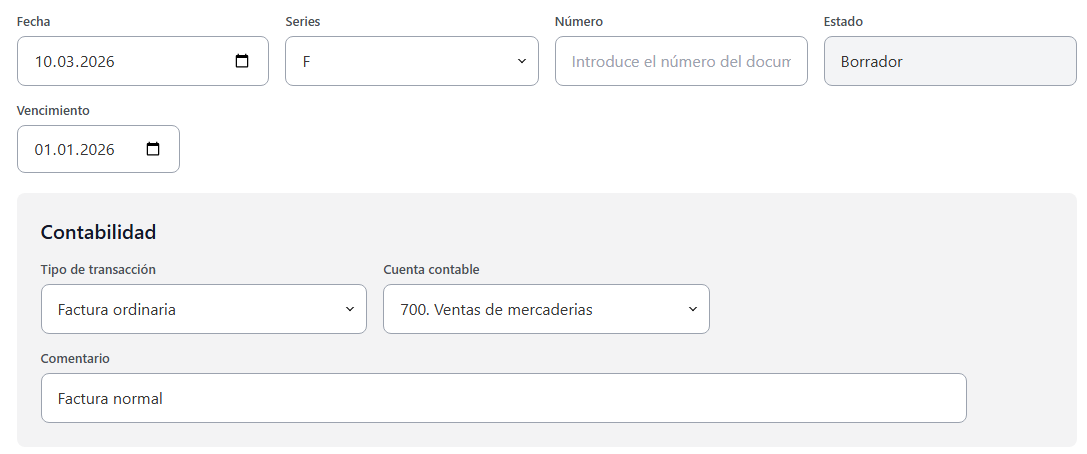 Información principal de la factura