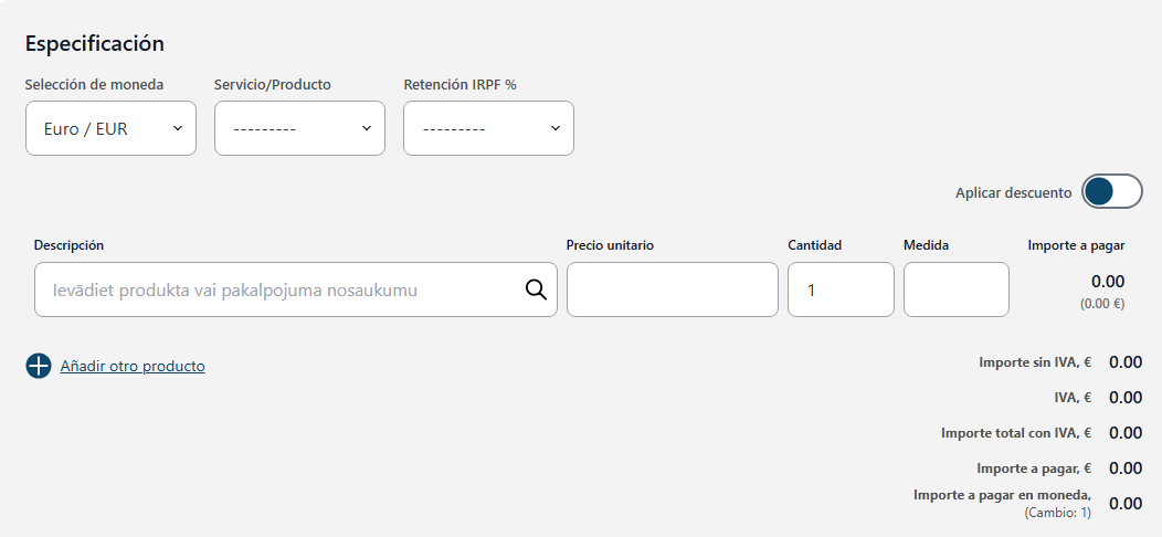 Especificación de la factura