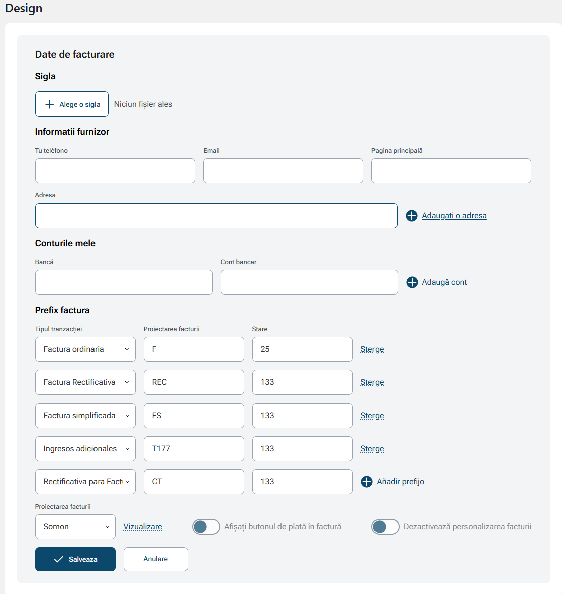 Configurarea datelor pentru facturare
