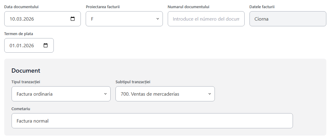 Informațiile principale ale facturii