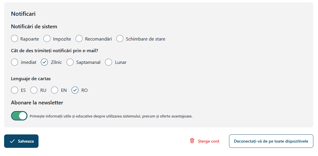 Setările notificărilor sistemului